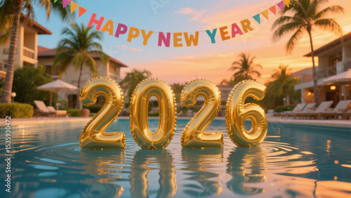 A serene and festive tropical setting with a luxurious pool reflecting the warm, golden hues of a sunset with the number 2026. Happy New Year, Happy New Year 2026, Merry Christmas And Happy New Year