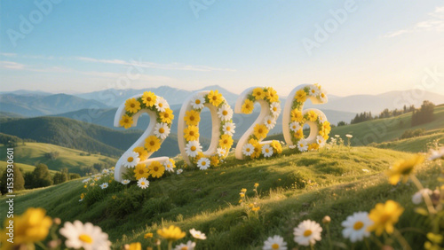 A serene, picturesque landscape featuring the year 2026 in large, three-dimensional letters adorned with vibrant yellow and white daisies. Happy New Year, Happy New Year 2026