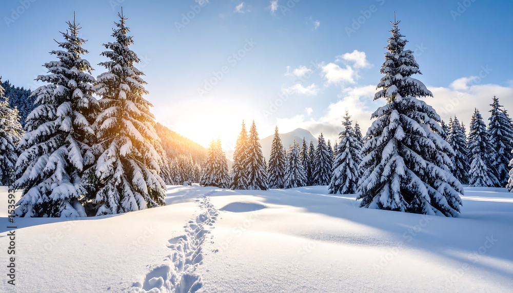 Fototapeta premium Snowy forest path at sunrise