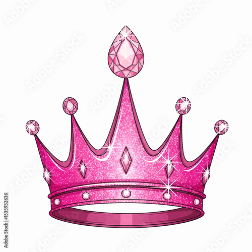 A vibrant pink crown with a shimmery, glittery texture. Featuring a gradient effect, gemstone edges, and starbursts, it's suitable for vector use.