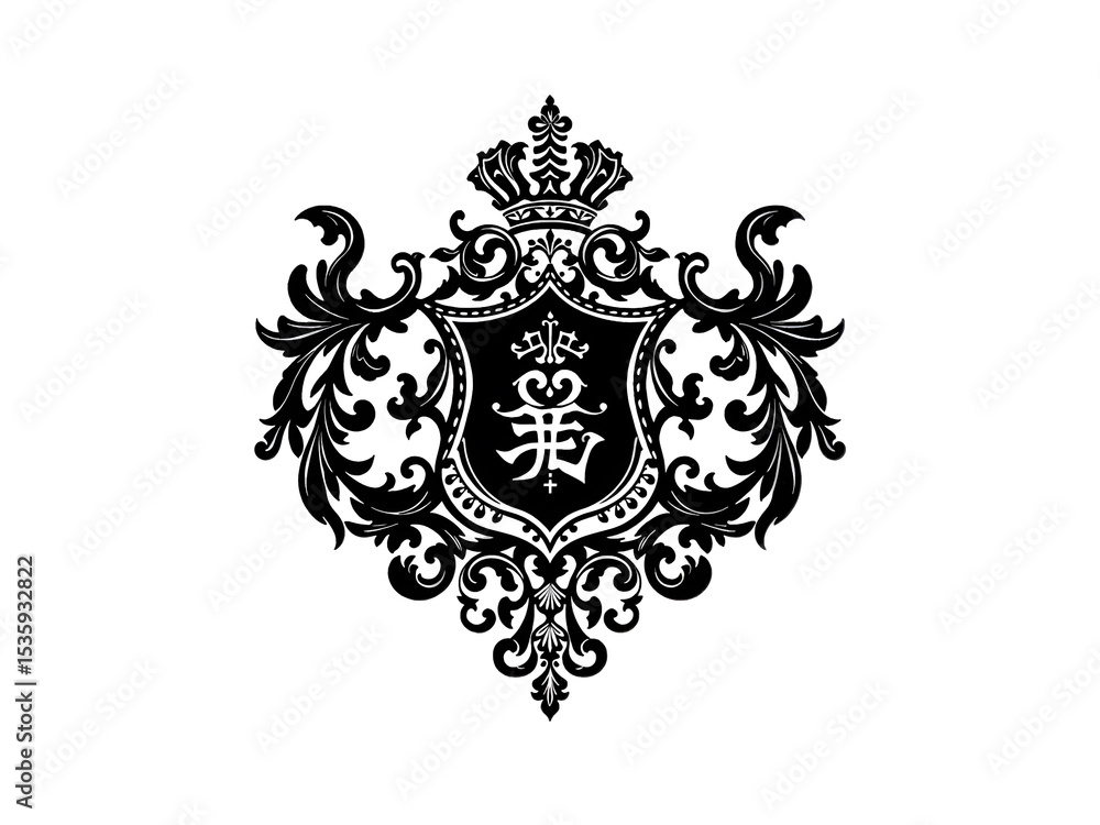 Fototapeta premium Heraldic shield crest with ornate leaves, perfect for vintage emblem or royal branding. Generative AI