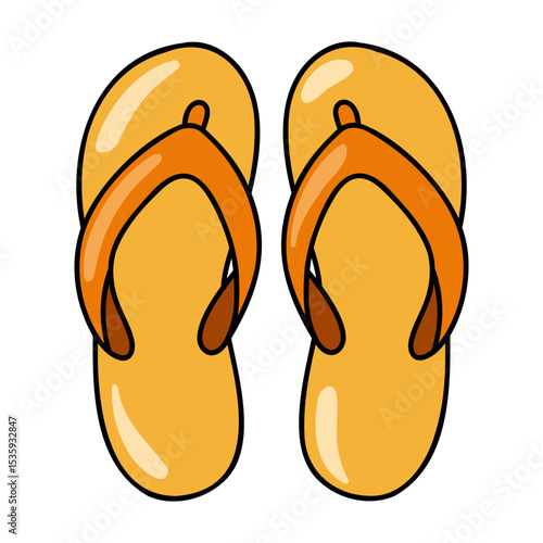 Cartoon beach flip flops. Orange rubber thong sandals, casual summer footwear for vacation and pool.