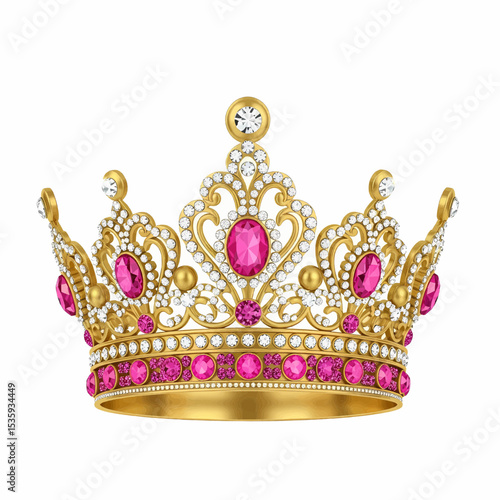 An ornate gold crown with a shimmering pink glitter texture, gem embellishments, and intricate details, all suitable for use in vectors.