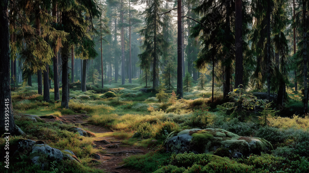 Fototapeta premium Serene Forest Pathway Surrounded by Lush Greenery and Sunlight