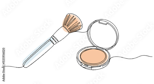 Makeup brush and powder one line doodle drawing with watercolor fill, minimalistic vector illustration on white background

