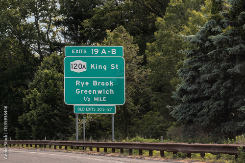 exit 19 A-B sign on Hutchinson River Parkway for LNY-120A King Street and Rye Brook , New York, Greenwich, Connecticut. Old Exits 30S - 27