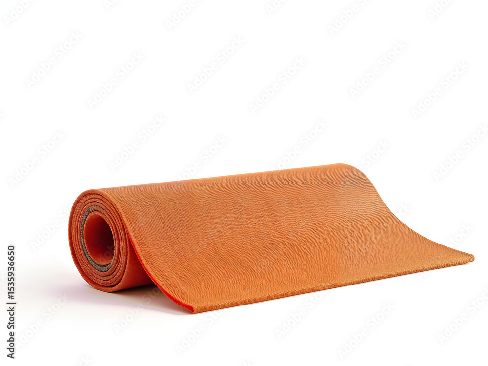 Fototapeta premium Rolled orange yoga mat on white background, ideal for fitness, health, or wellness visuals. Generative AI