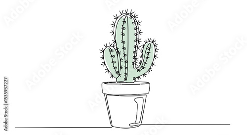 鉢植えのサボテン水彩塗りのワンライン落書き風白背景ミニマルベクターイラスト