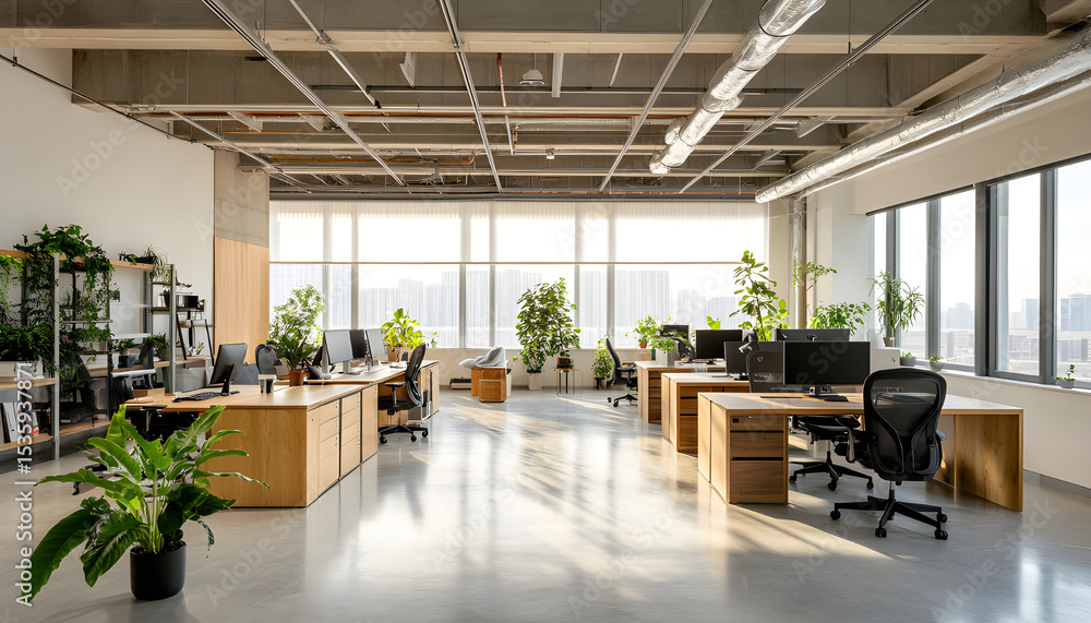 Modern corporate office interior with empty wooden desks. Natural light from windows, green plants, minimalist design. Tables, chairs, business environment workspace. Concept of work and productivity Modern corporate office interior with empty wooden desks. Natural light from windows, green plants, minimalist design. Tables, chairs, business environment workspace. Concept of work and productivity