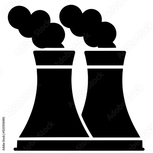 Silhouette of Power Plant Cooling Towers with Emissions, Thermal Power Generation, Nuclear or Fossil Fuel Energy Production, Industrial Facility, Air Pollution, Environmental Impact, Infrastructure an