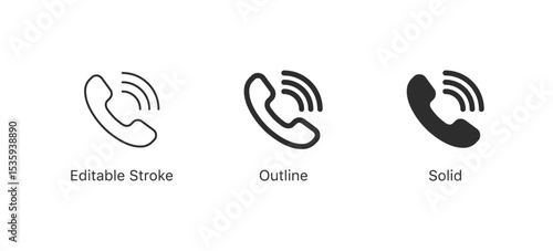 Phone call icons , ringing telephone icon symbol in editable stroke, outline, and solid styles. for communication, support, customer service, mobile apps, and contact functions