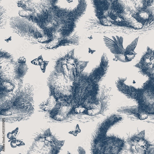 Seamless vector pattern with cute kittens playing. Vintage ink drawn style illustration.