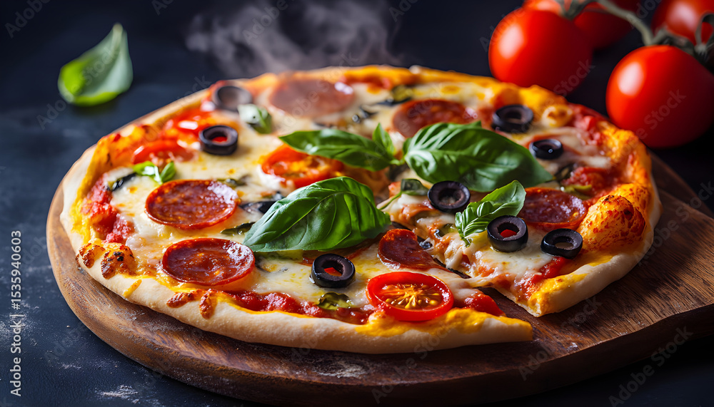 Hot pizza with fresh ingredients on wooden plate. Cheese, pepperoni, olives, basil. Tomatoes, mushrooms near. Italian cuisine. Ready to eat Hot pizza with fresh ingredients on wooden plate. Cheese, pepperoni, olives, basil. Tomatoes, mushrooms near. Italian cuisine. Ready to eat