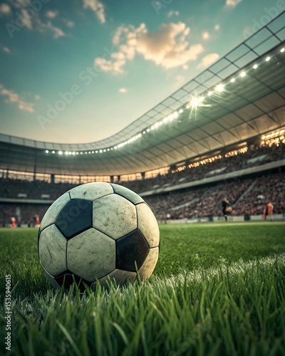 Soccer ball rests on green stadium grass against a backdrop of a packed stadium