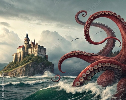 Spectacular digital  giant octopus dominating turbulent sea