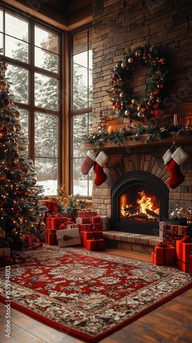 Cozy Christmas living room with fireplace and tree