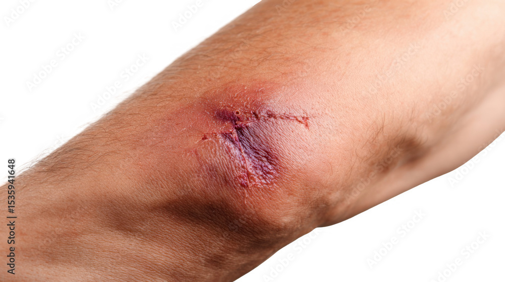 Naklejka premium Showing a painful injury with a deep bruise and a scar on an elbow, isolated on a transparent background, suitable for medical and healthcare related projects