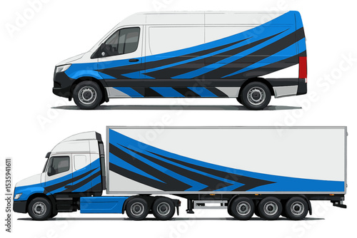 Realistic vector illustrations of vans and truck trailers are showcased in a mockup set, incorporating a blue wrap decal for custom livery branding and abstract blue and black stripe designs for