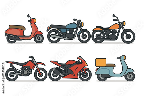 Motorcycles and scooters are illustrated in various forms, including bikes, choppers, motocross, and delivery vehicles, with both retro and modern designs represented as side view vector icons