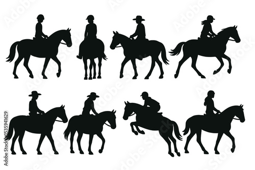 A collection of vector silhouettes featuring people on horseback