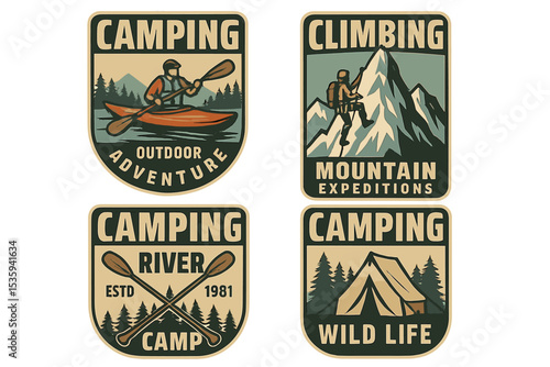 Retro camping posters in vector format, ideal for use on patches, t-shirts, prints, stamps, or other items, showcasing vintage typography and outdoor activities like kayaking, climbing ice mountains