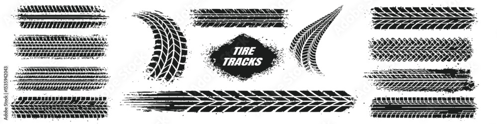 Fototapeta premium Tire tread and car drift marks after skidding, launch, powerslide in motorsport, rally, off-road, motocross.