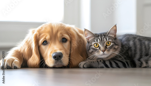 British Shorthair cat lying with Golden Retriever dog indoors. Cute pets resting together on floor. Dog, cat friends. Companion animals in home. Friendship, love concept