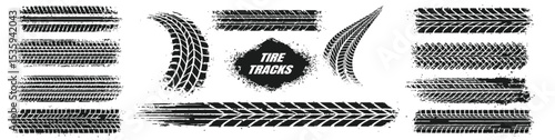 Tire tread and car drift marks after skidding, launch, powerslide in motorsport, rally, off-road, motocross.