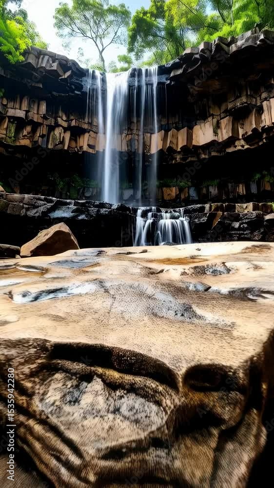 Waterfall cascading down a rocky cliff into a tranquil pool with a large rock in the foreground, surrounded by lush greenery. Waterfall cascading down a rocky cliff into a tranquil pool with a large rock in the foreground, surrounded by lush greenery.