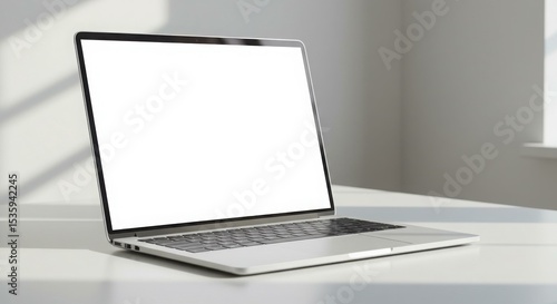 Sleek silver laptop with blank screen sits on a minimalist white table, bathed in sunlight.