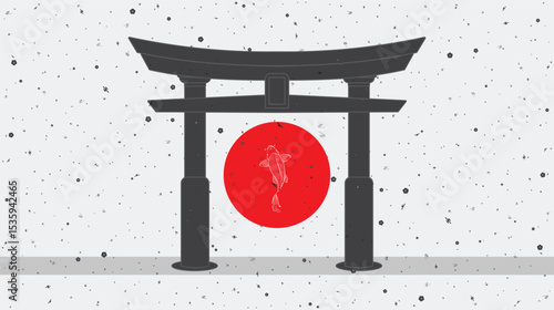 Minimalist Japanese Torii Gate with Koi Fish and Red Sun Illustration for Cultural Background and Poster Design