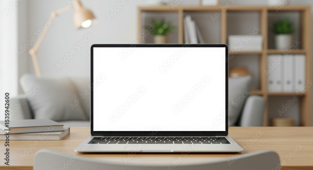 Fototapeta premium A laptop with a blank screen sits on a wooden desk in a bright, modern office setting.