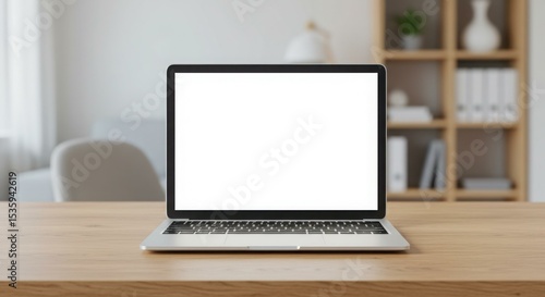 Laptop computer with a blank white screen on a wooden desk in a bright, modern room.