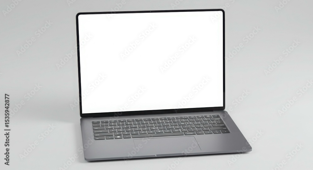Fototapeta premium A silver laptop is open, displaying a blank white screen, against a plain light background.