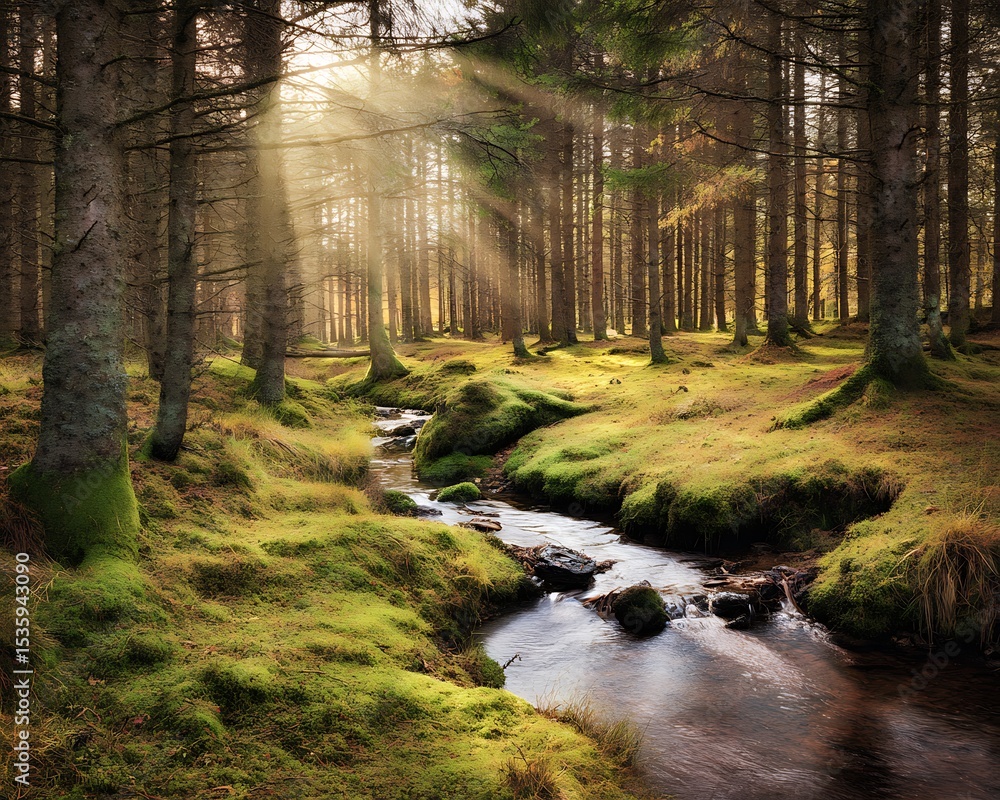 Obraz premium Sunlight streams through a tranquil forest.