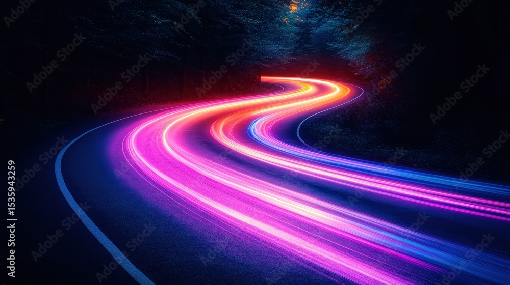 Winding road at night, vibrant light trails Winding road at night, vibrant light trails