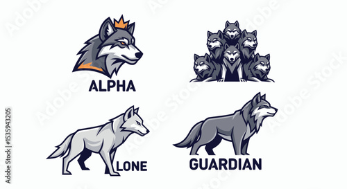 Four wolf emblems each labeled Alpha Lone Guardian and a wolf pack