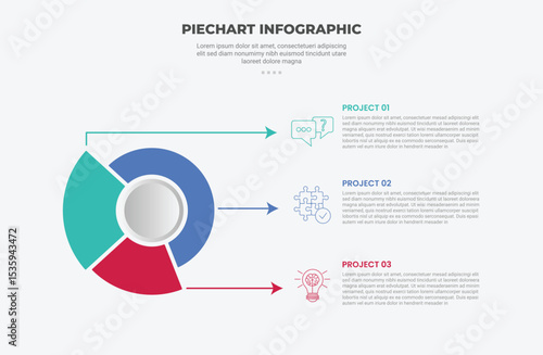 pie chart infographic outline style with 3 point template with unbalance slice cut with horizontal arrow pointer for slide presentation