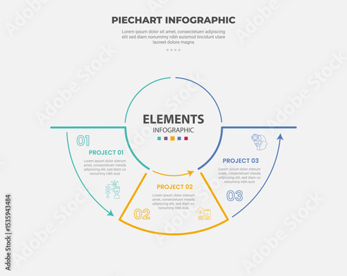pie chart infographic outline style with 3 point template with half circle on bottom with line segment separation for slide presentation