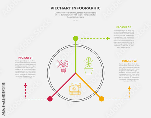 pie chart infographic outline style with 3 point template with big thick circle with balance line segment equally for slide presentation