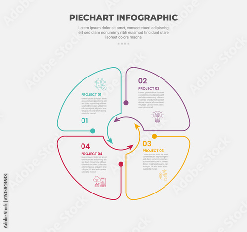 pie chart infographic outline style with 4 point template with big circle slice with arrow line circular cycle on center for slide presentation