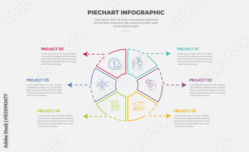 pie chart infographic outline style with 6 point template with big circle slice with arrow line pointer connection for slide presentation