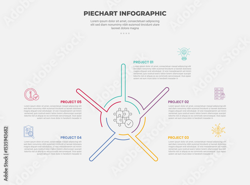 pie chart infographic outline style with 5 point template with long round line with cycle circular direction for slide presentation