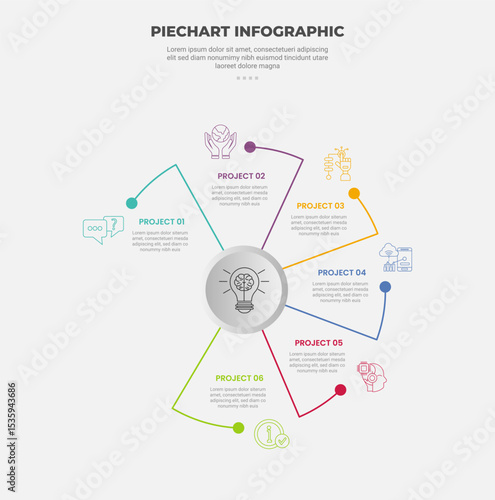 pie chart infographic outline style with 6 point template with long curve line on circle circular direction with dot edge for slide presentation