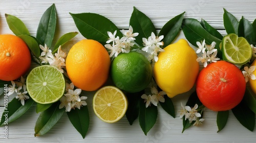 Fresh Bright Citrus Fruits and Lime Slices with Green Leaves and White Flowers on White Wooden Surface