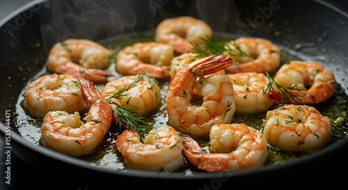 Close-up of garlic butter shrimp on a skillet