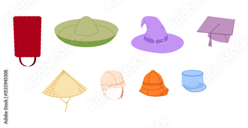 Set of Different Hats - Coolie Mortarboard Sombrero Wizard, Bicorne Bonnet Bearskin, Kepi Pith Riding Helmet. Head Fashion accessory caps technical illustration. Vector for Men, women style, flat CAD