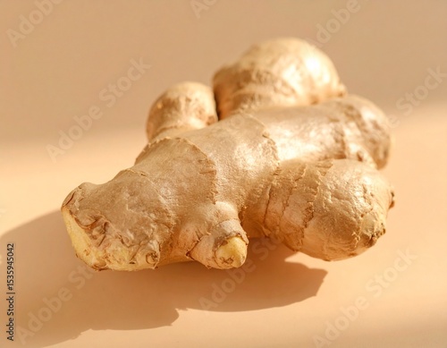 Whole Ginger Root on a Rustic Wooden Table in Sunlight