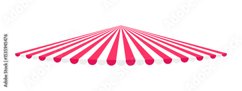 Circus or carousel dome with red and white stripes isolated on white background. Striped store canopy. Shop awning design. Fair market tent. Cafe sunshade. Kiosk umbrella. Vector flat illustration.
