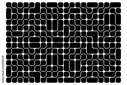 Circuit pattern. Black metaballs or connected rounded square shapes isolated on white background. Organic blobs, neurons or molecules texture. Modern abstract print. Vector graphic illustration.